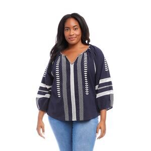 NORA NAVY AND WHITE EMBROIDERED PEASANT TOP-KAREN KANE
